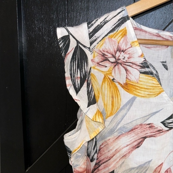 C&C California 100% Linen Floral Tropical Boho Flutter Sleeve Shift Dress Sz L - Picture 3 of 7